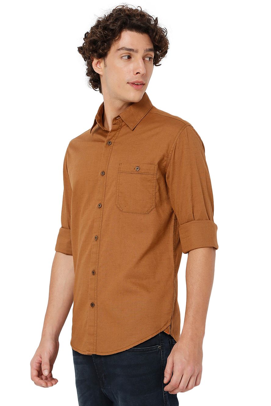 Khaki Cotton Linen Slim Fit Casual Shirt