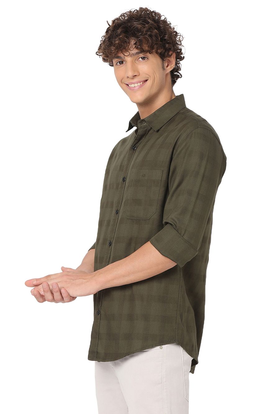 Olive Textured Dobby Slim Fit Casual Shirt