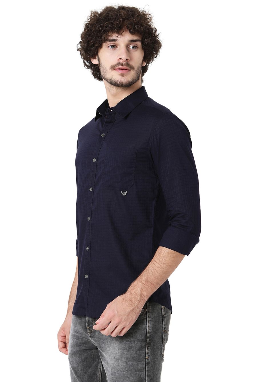 Navy Textured Dobby Slim Fit Casual Shirt