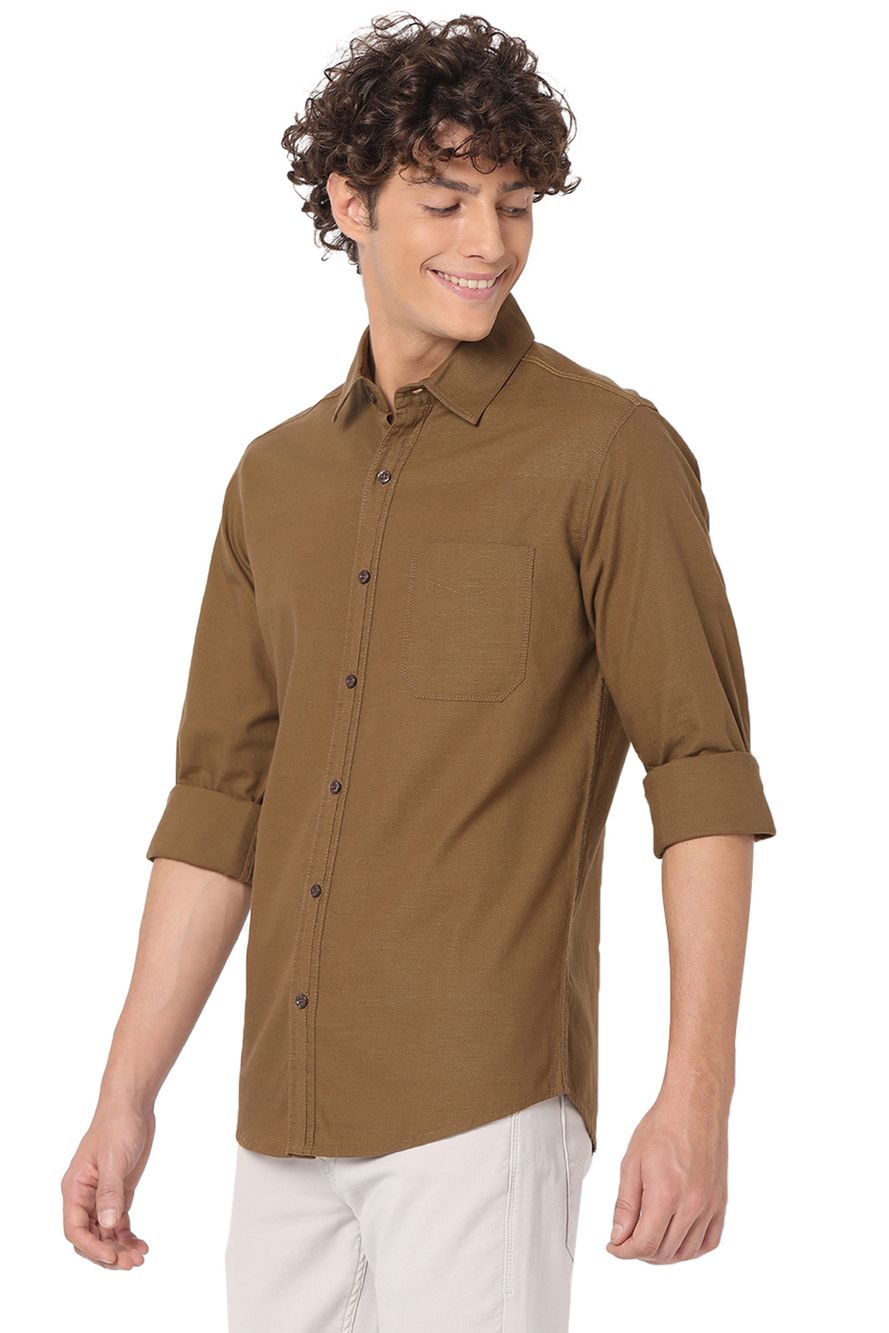 Brown Slim Fit Cotton Linen Shirt