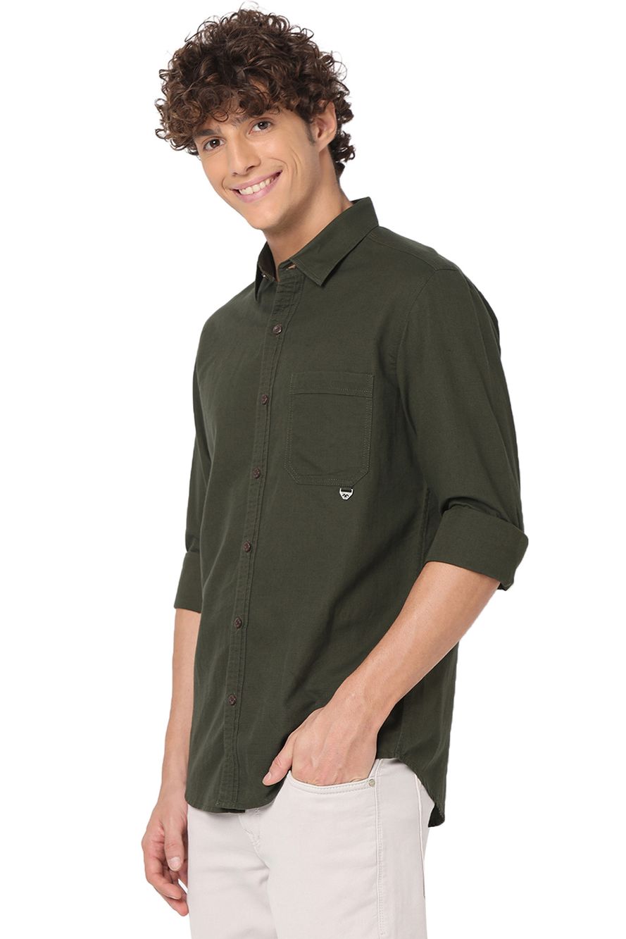 Olive Slim Fit Cotton Linen Shirt