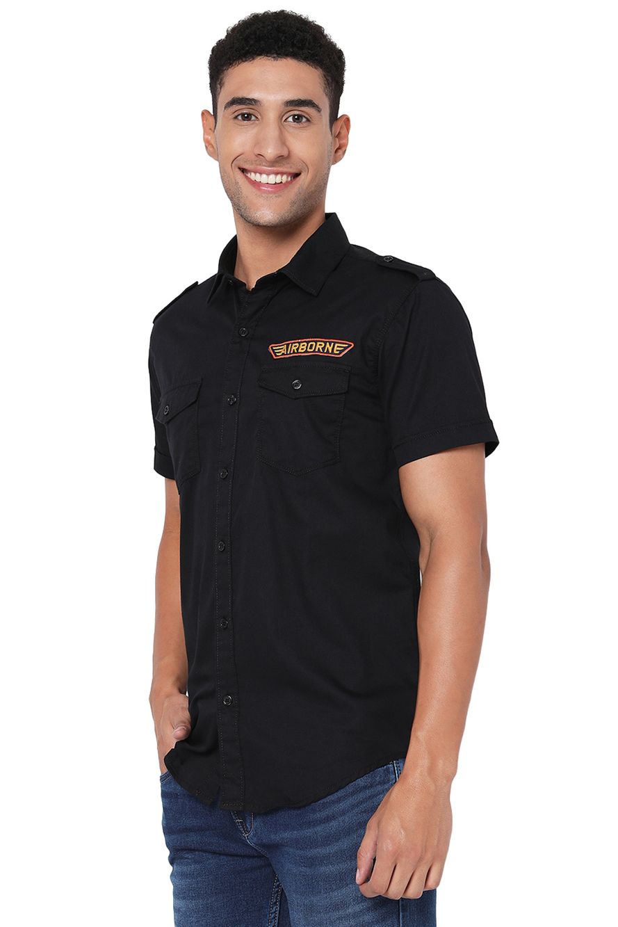 Black Badged Slim Fit Casual Shirt