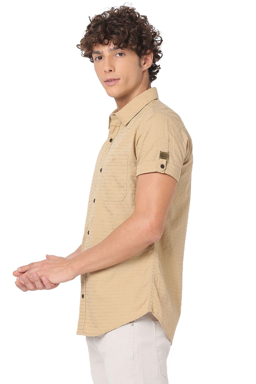 Light Khaki Dobby Slim Fit Casual Shirt