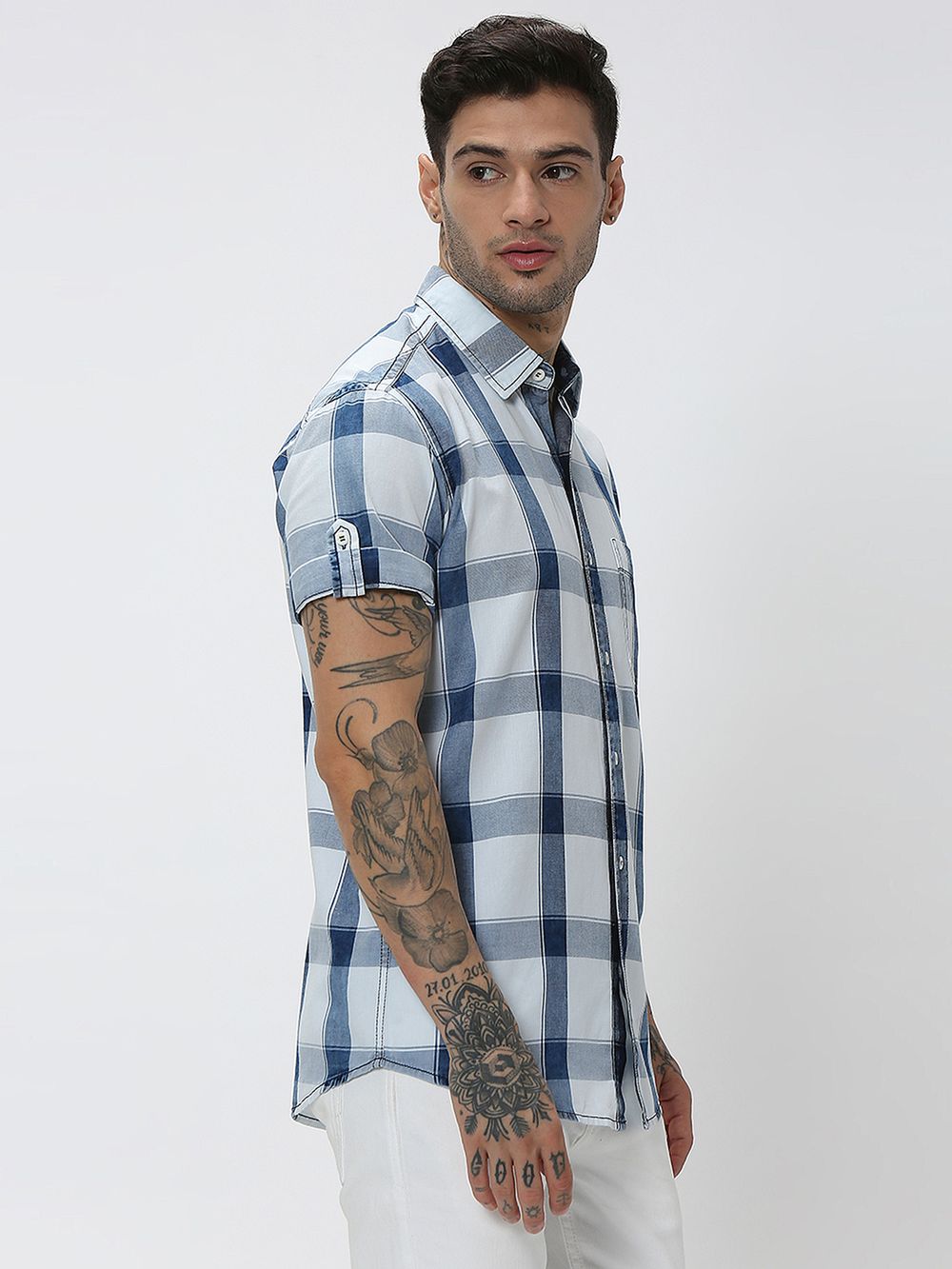 Indigo Blue & White Large Check Slim Fit Casual Shirt