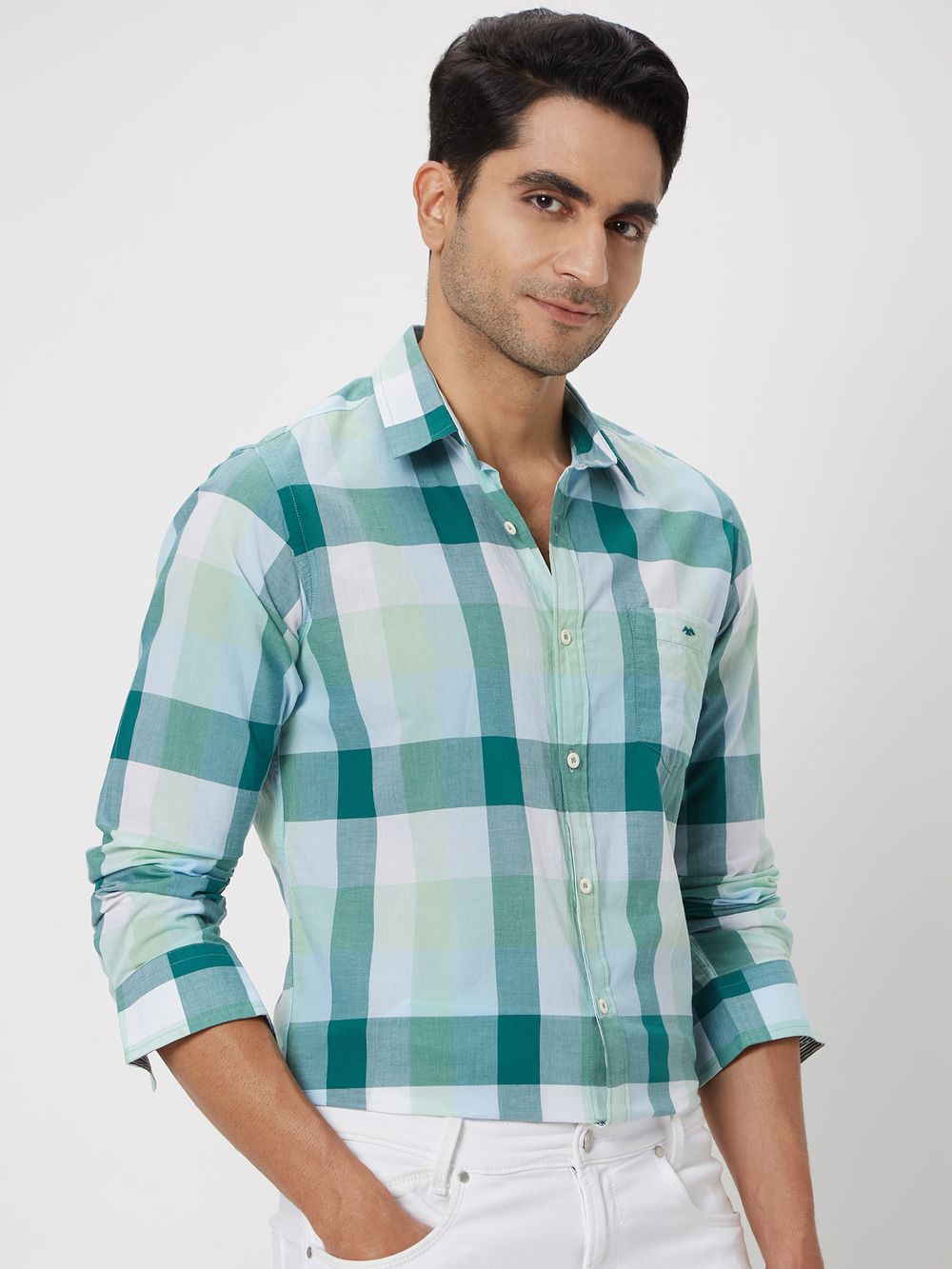 Light Green Check Slim Fit Casual Shirt