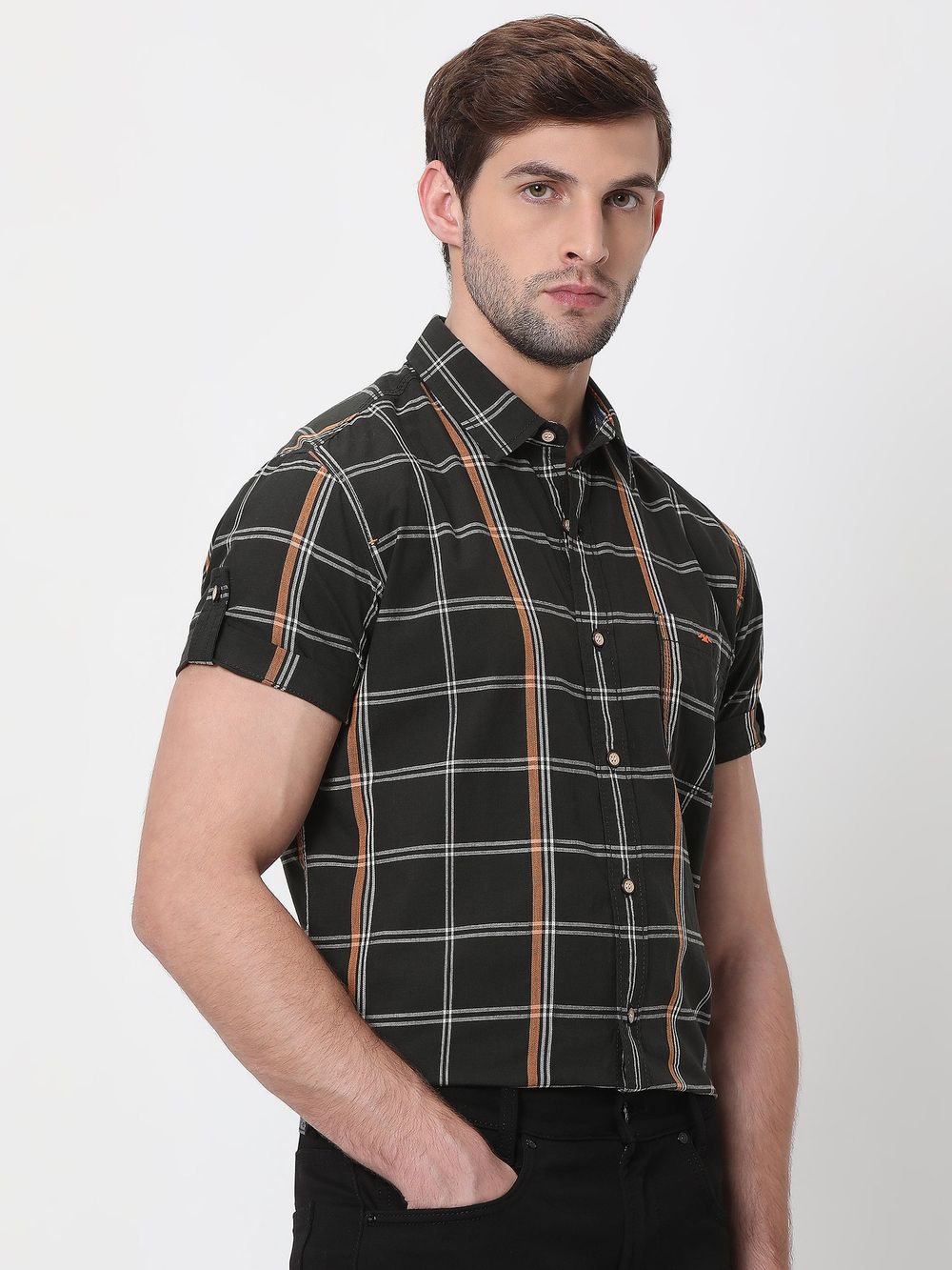 Charcoal & White Large Check Slim Fit Casual Shirt