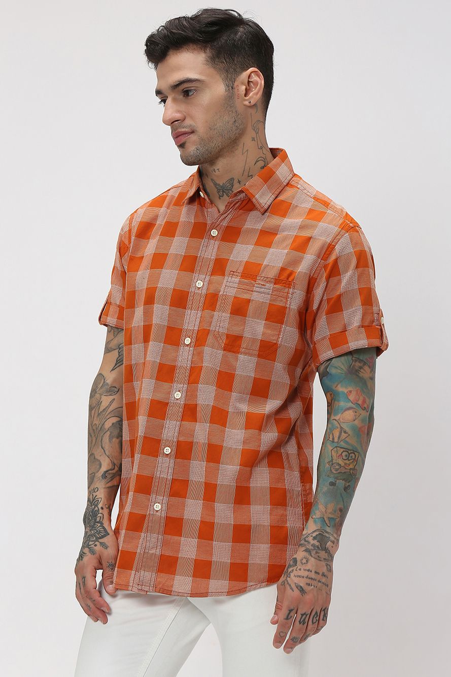 Rust & White Square Check Slim Fit Casual Shirt