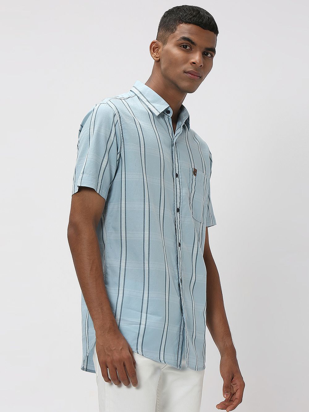 Light Blue & White Large Check Slim Fit Casual Shirt