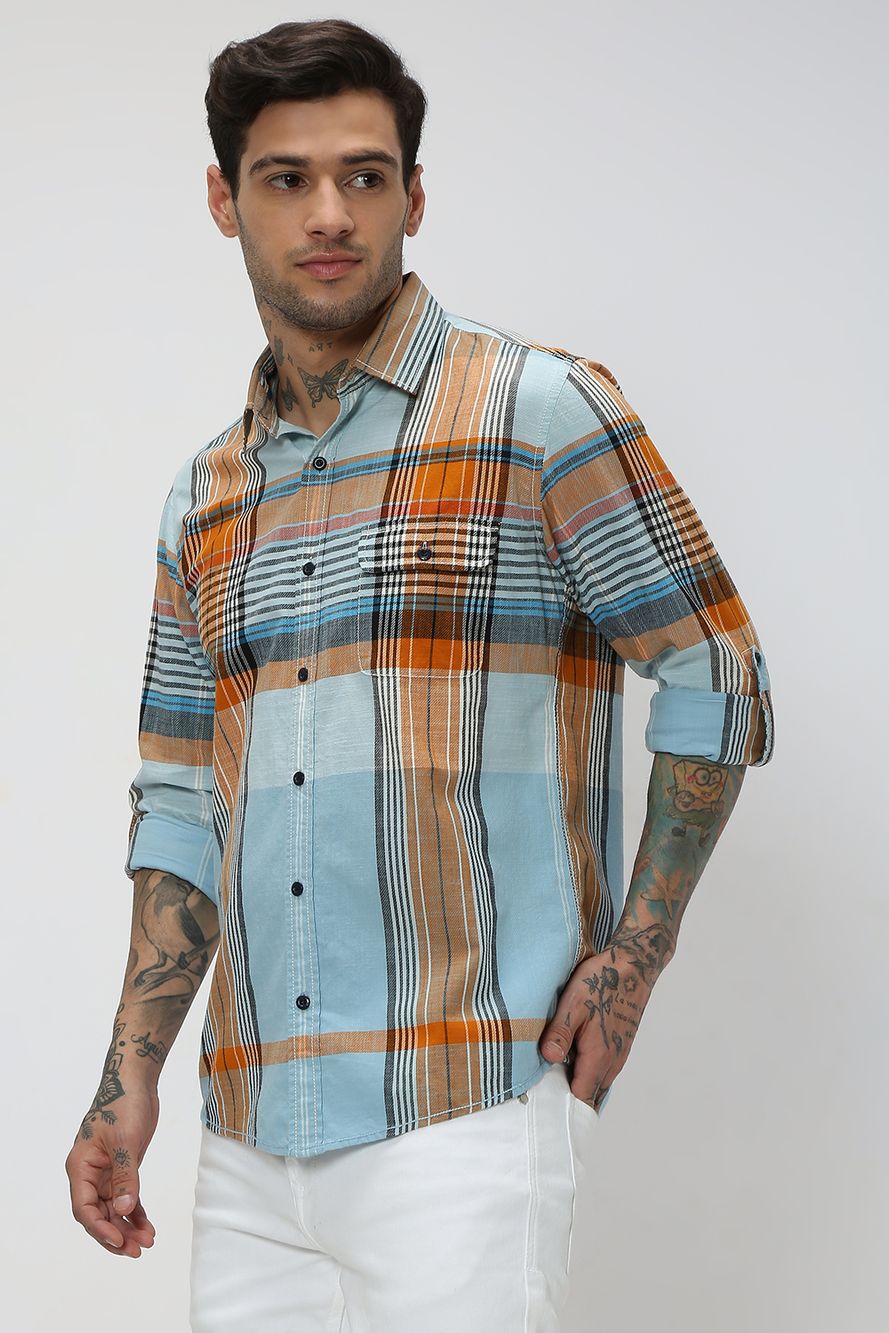 Light Blue & Multi Large Check Slim Fit Casual Shirt