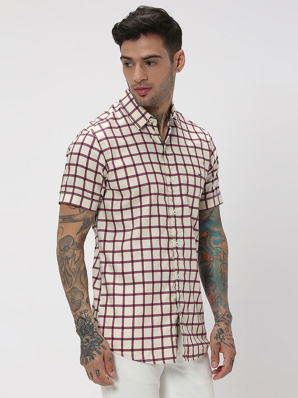 Off White & Pink Grid Check Slim Fit Casual Shirt