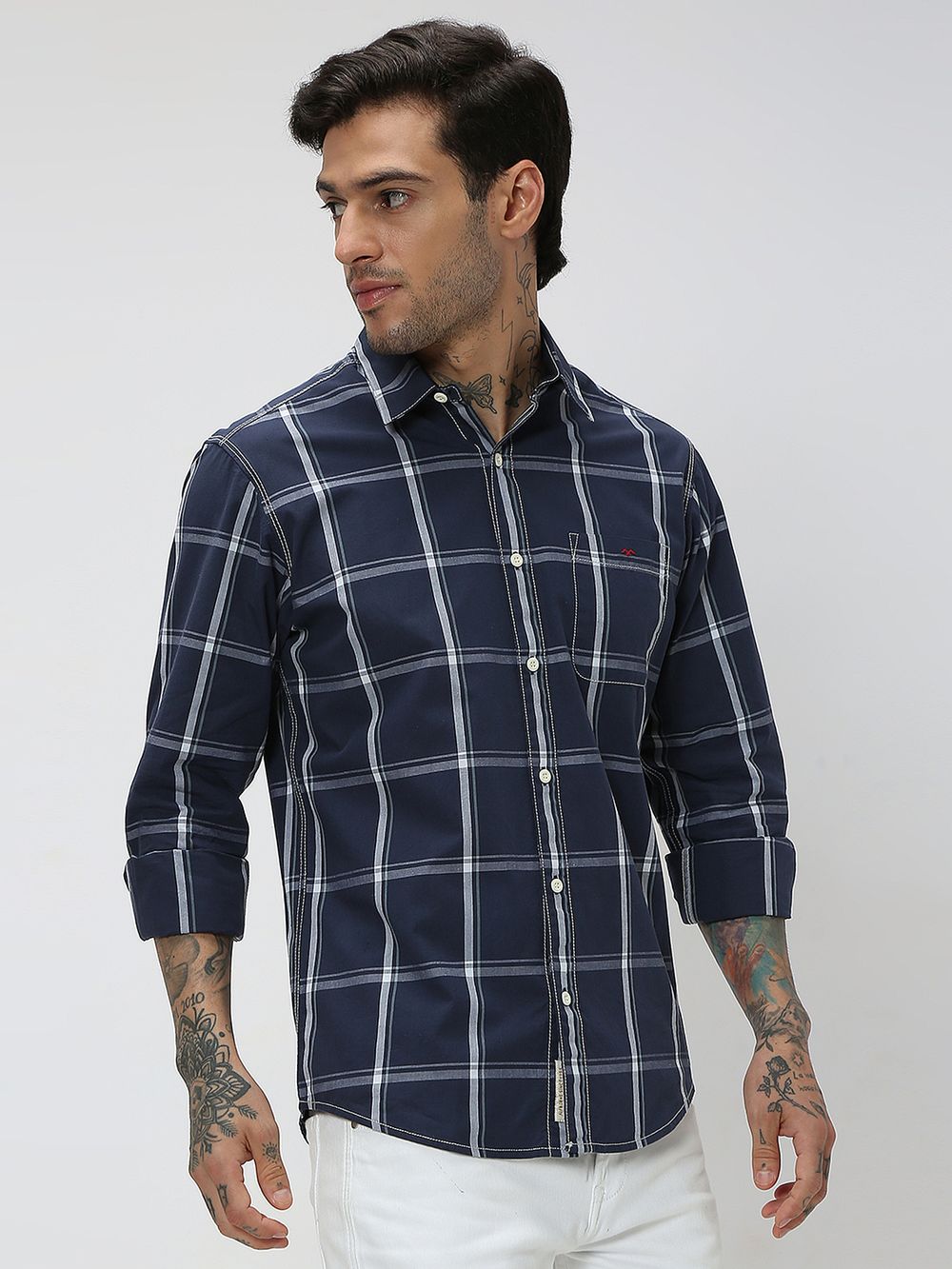 Navy & White Large Check Slim Fit Casual Shirt