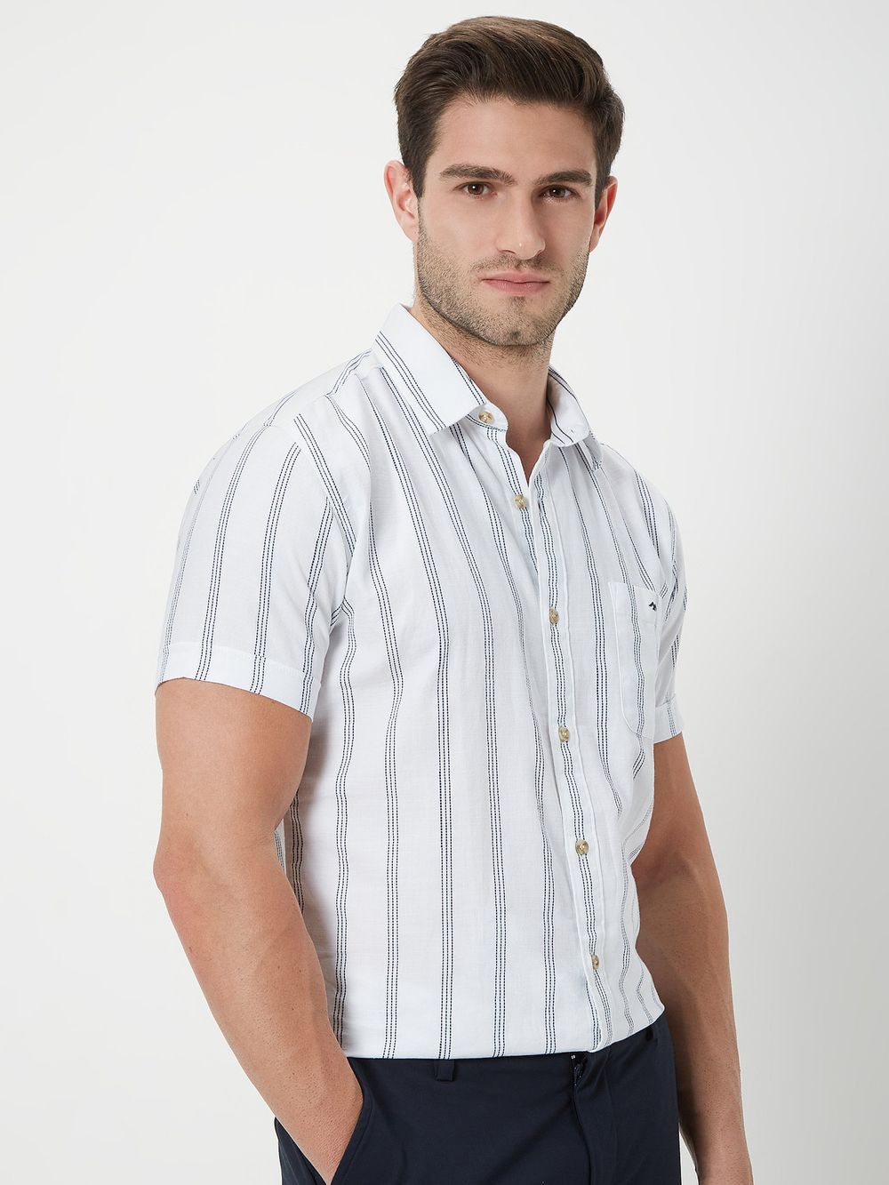 Navy & White Printed Stripe Slim Fit Casual Shirt
