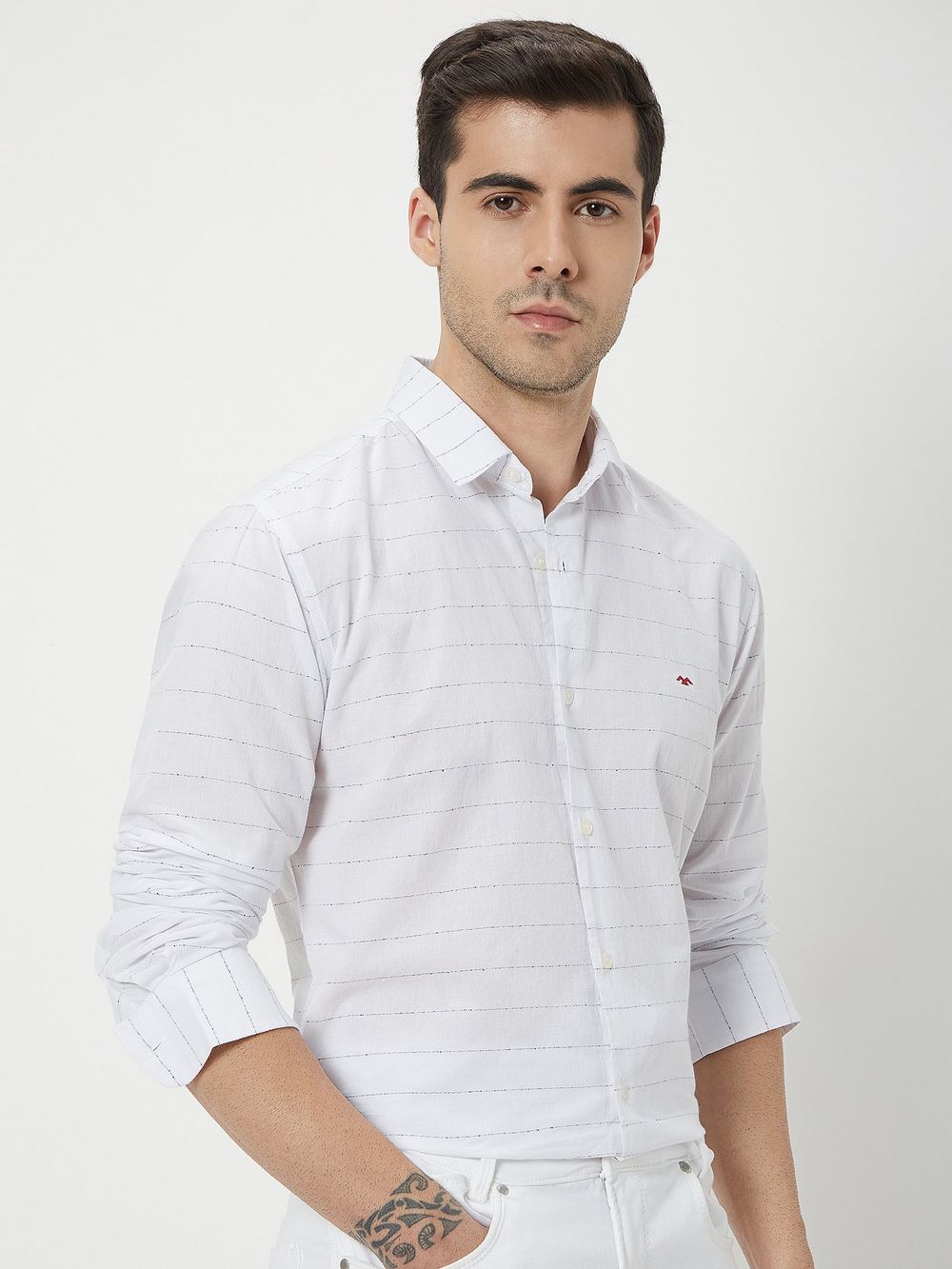White & Black Textured Stripe Slim Fit Casual Shirt