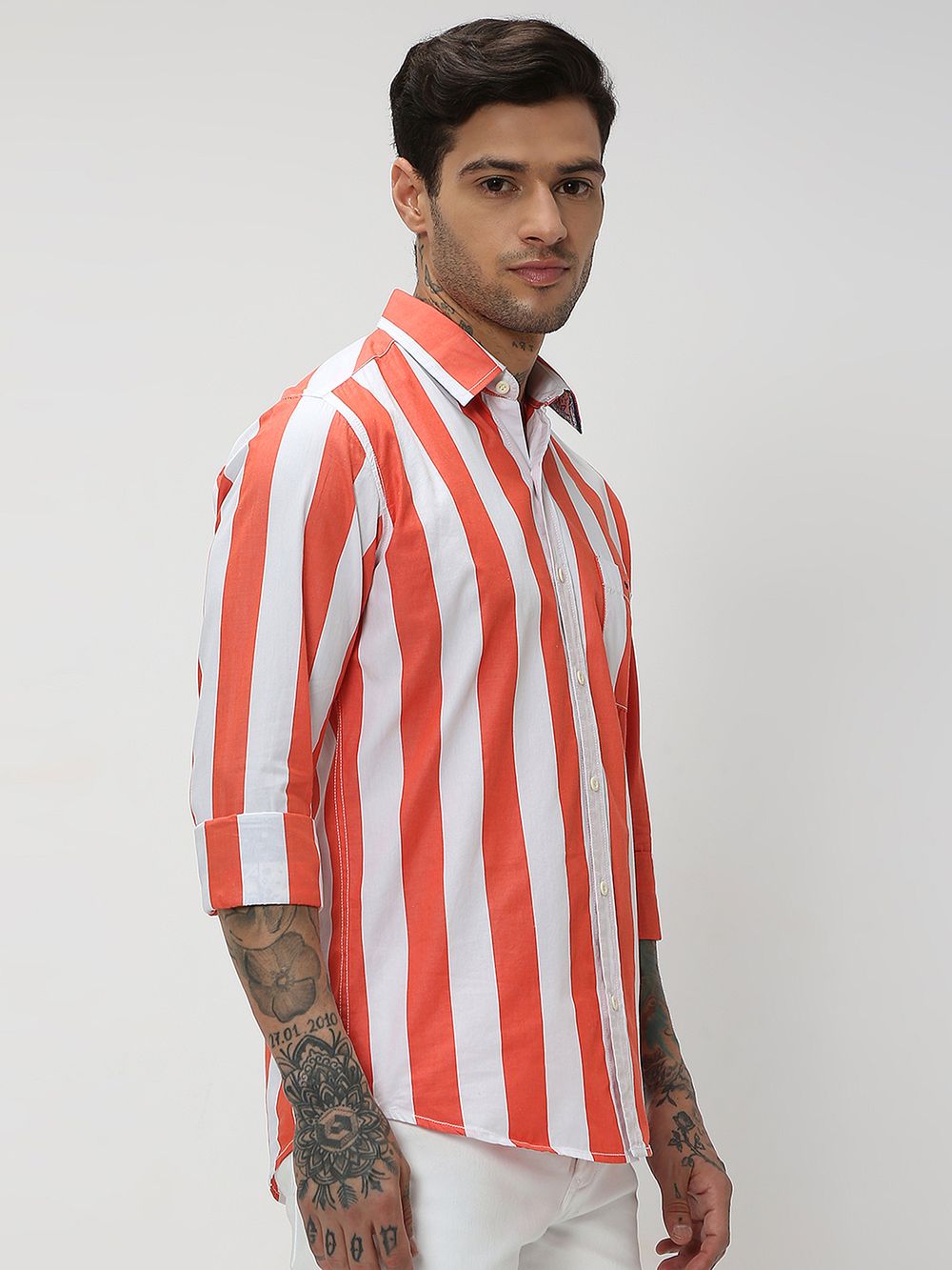 Orange & White Awning Stripe Slim Fit Casual Shirt