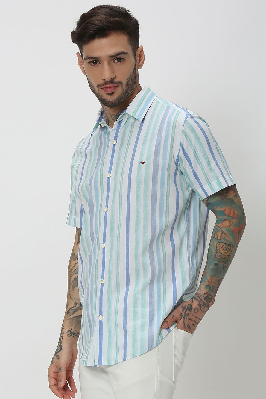 Light Green & Blue Printed Stripe Shirt