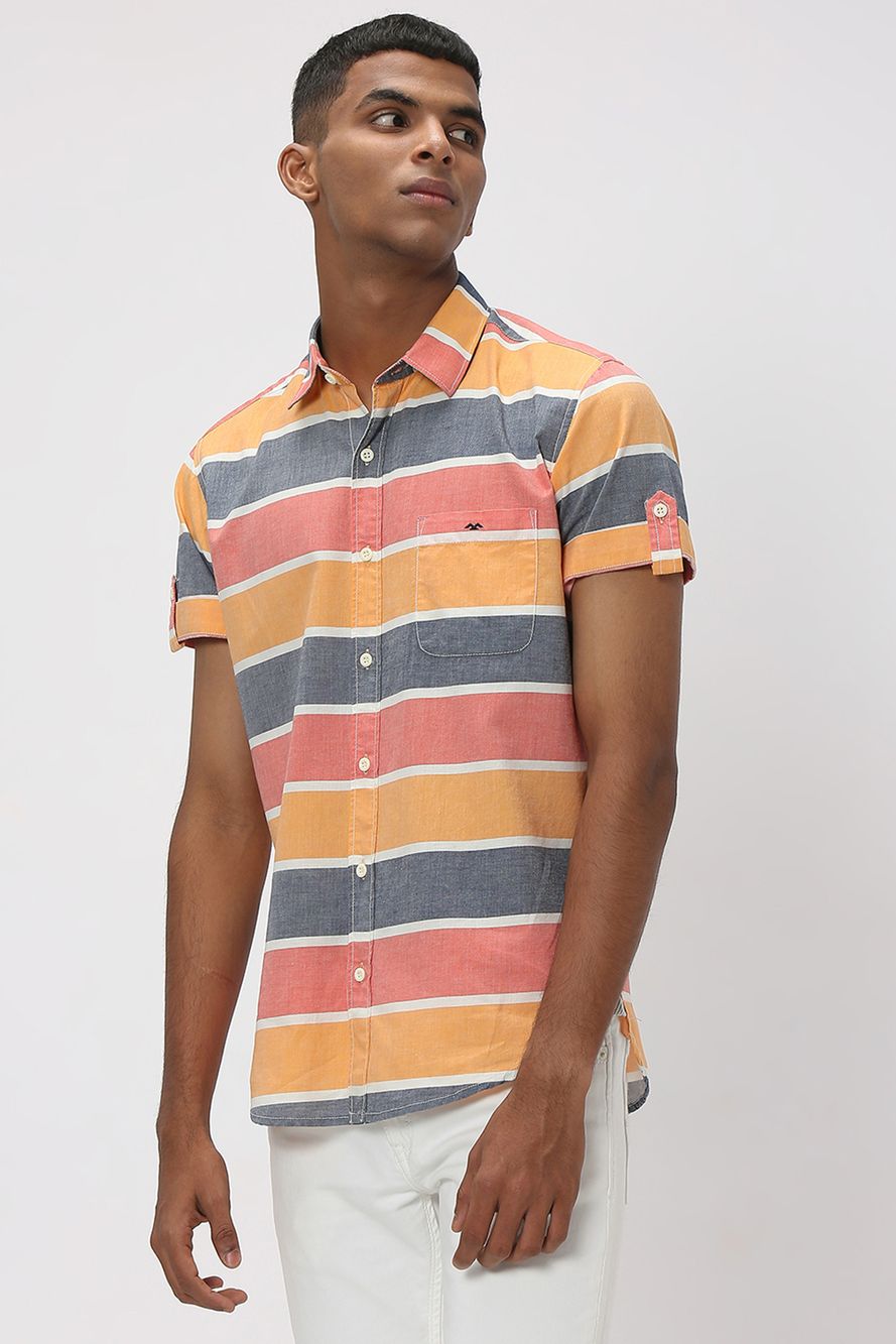 Orange & Blue Stripe Slim Fit Casual Shirt