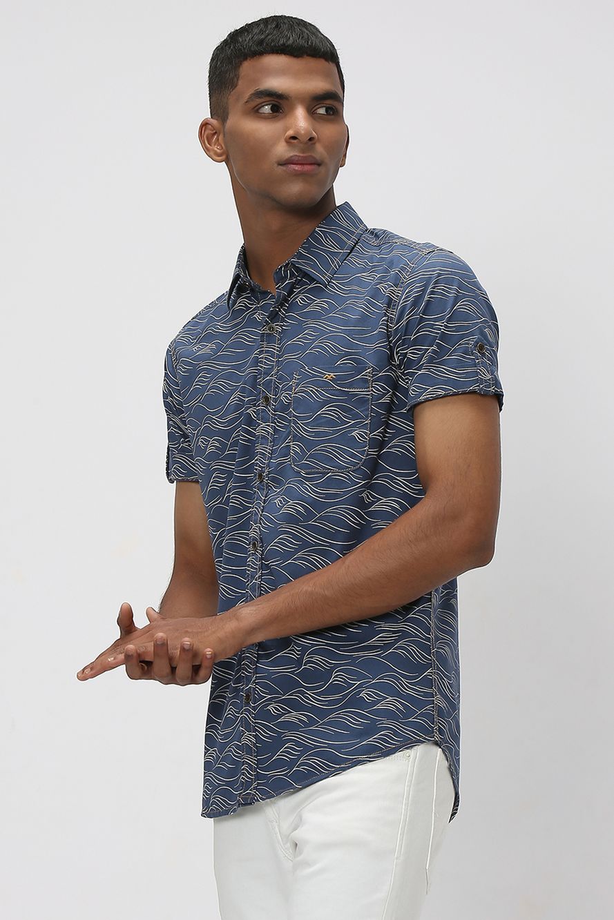 Blue & White Wave Print Slim Fit Casual Shirt