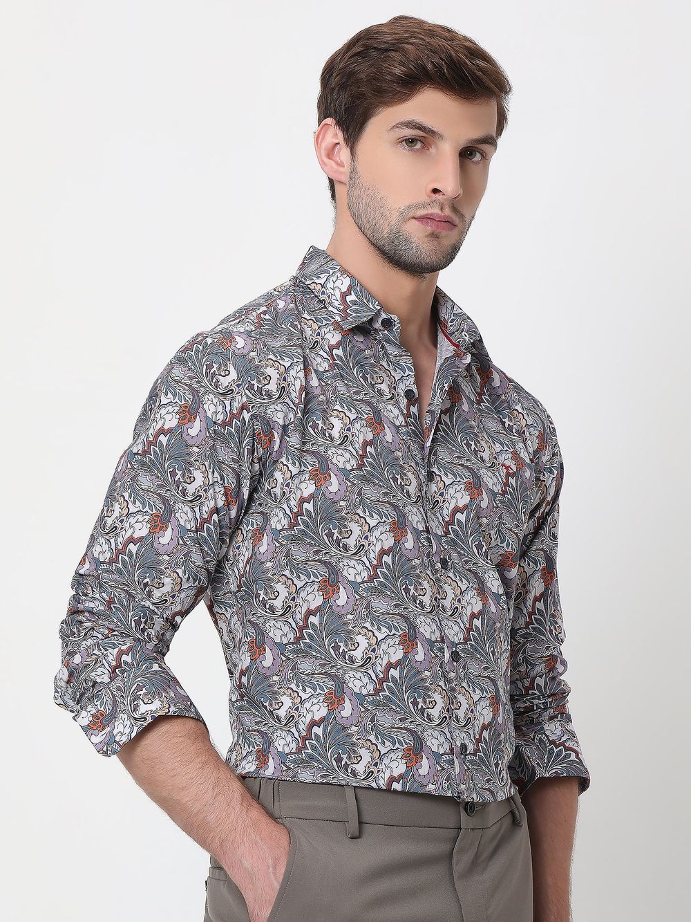 Light Grey & White Digital Print Slim Fit Casual Shirt