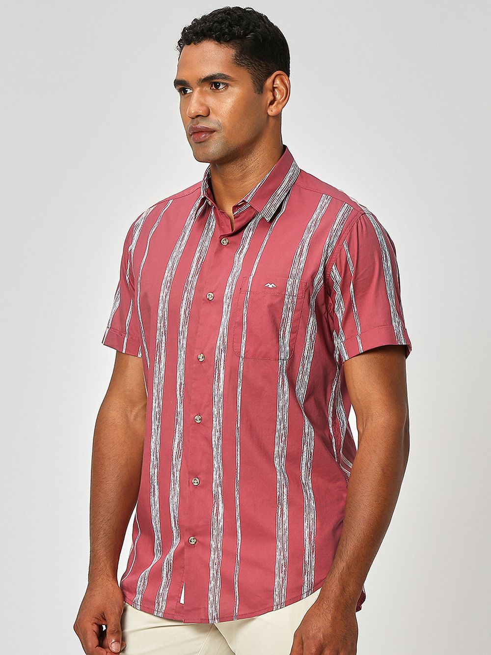 Pink & Off White Printed Stripe Lightweight Shirt