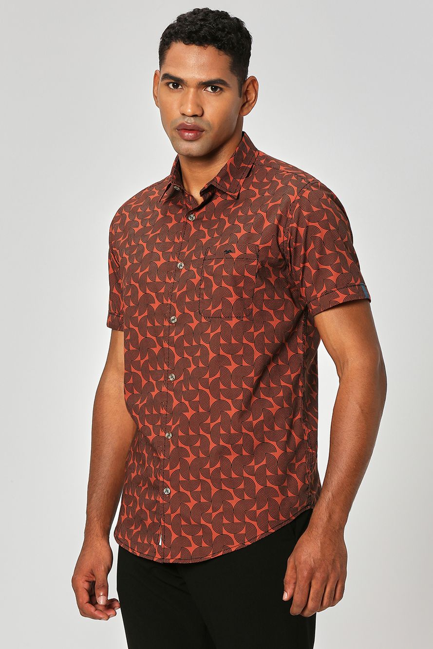 Orange & Navy Abstract Print Slub Shirt