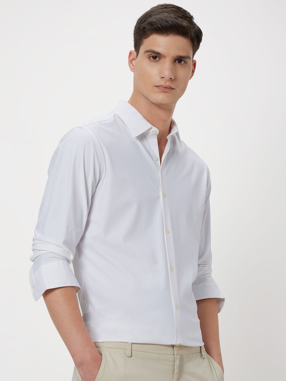 White Knitted Plain Stretch Shirt