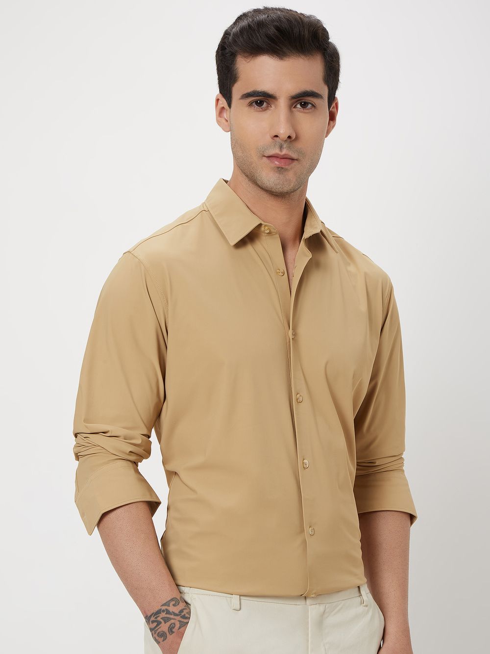 Beige Knitted Plain Stretch Shirt