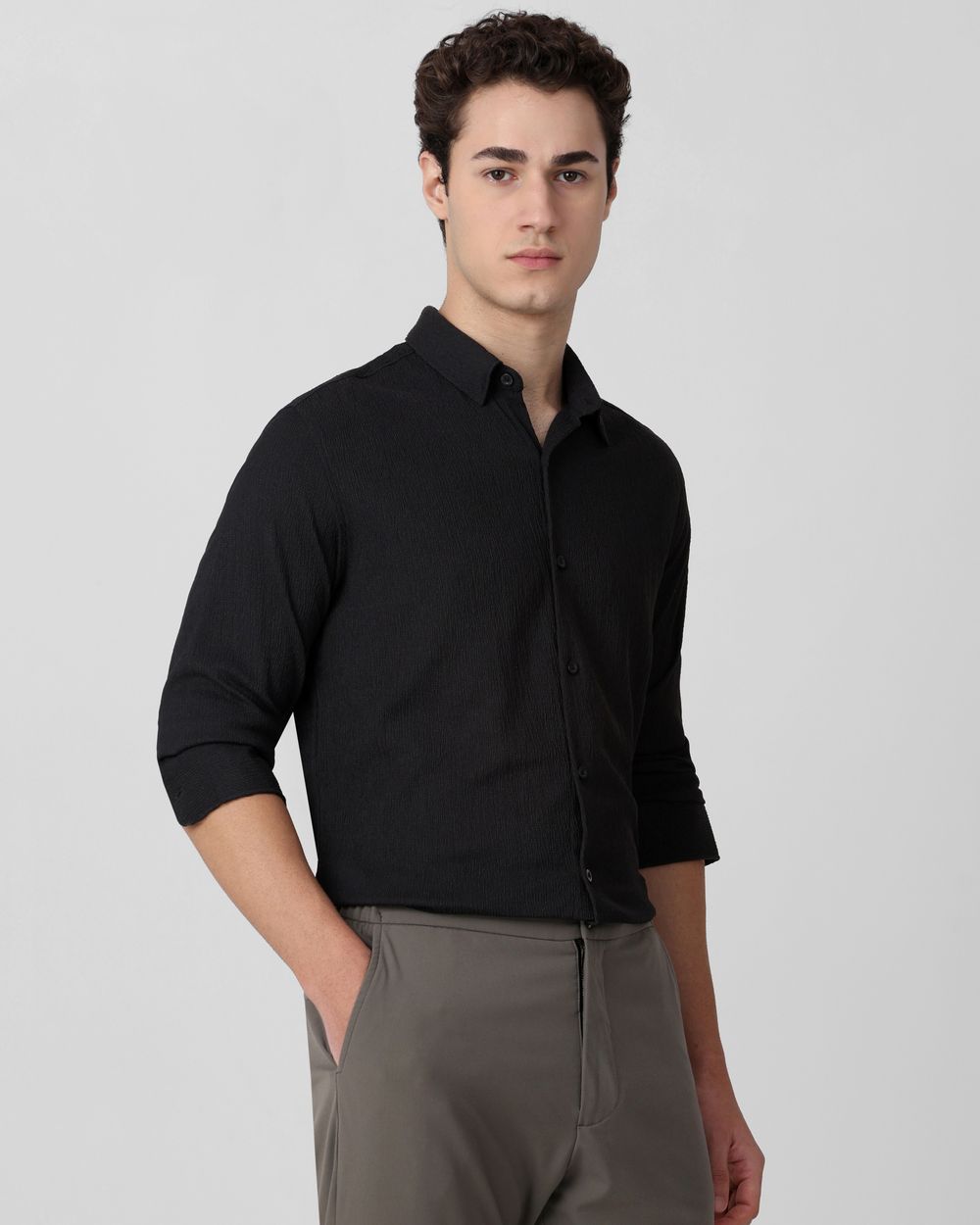 Black Textured Plain Slim Fit Casual Shirt