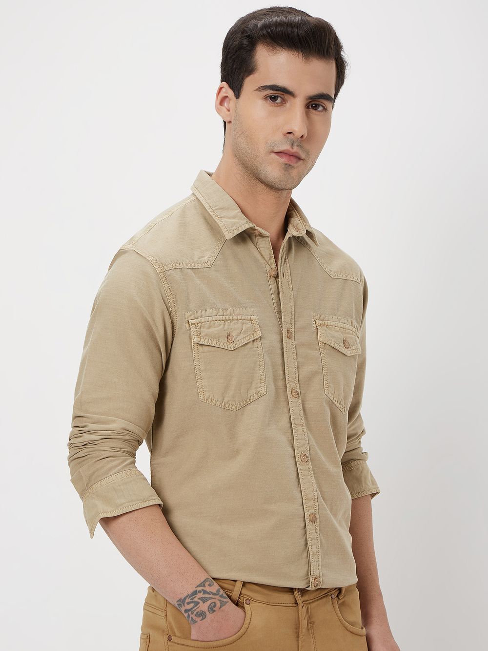 Stone Western Plain Slim Fit Casual Shirt