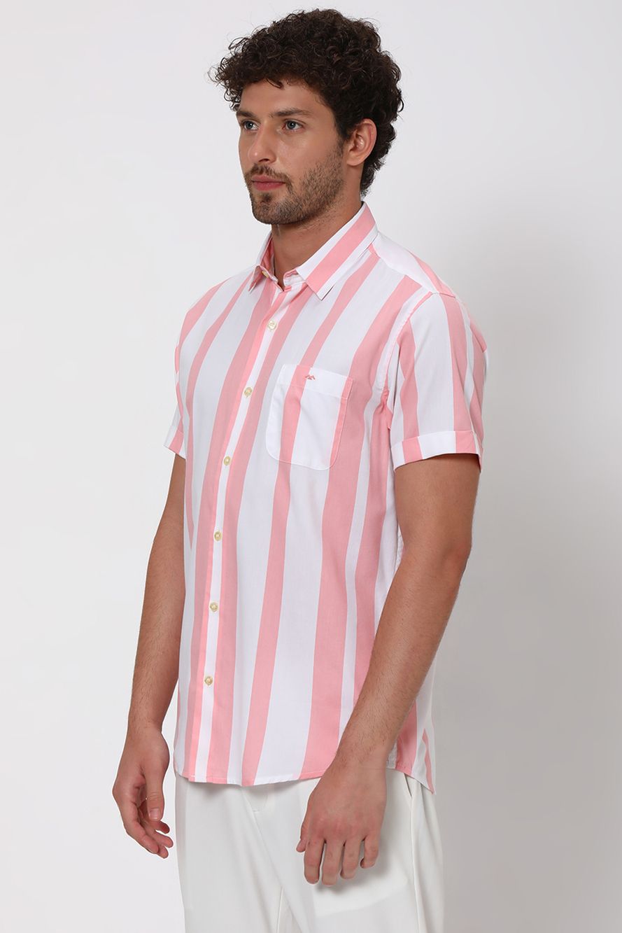 Pink Printed Stripe Slim Fit Casual Shirt