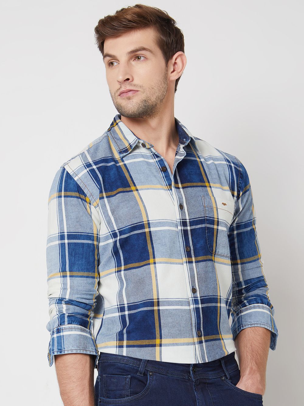 Mid Blue Denim Check Slim Fit Casual Shirt