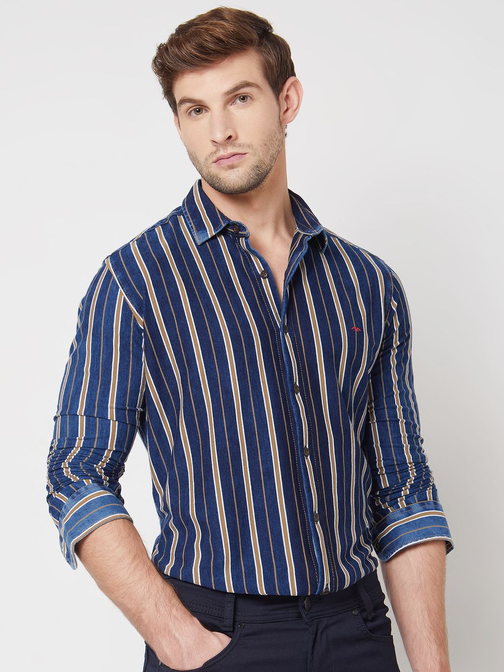 Indigo Blue Knitted Stripe Slim Fit Casual Shirt