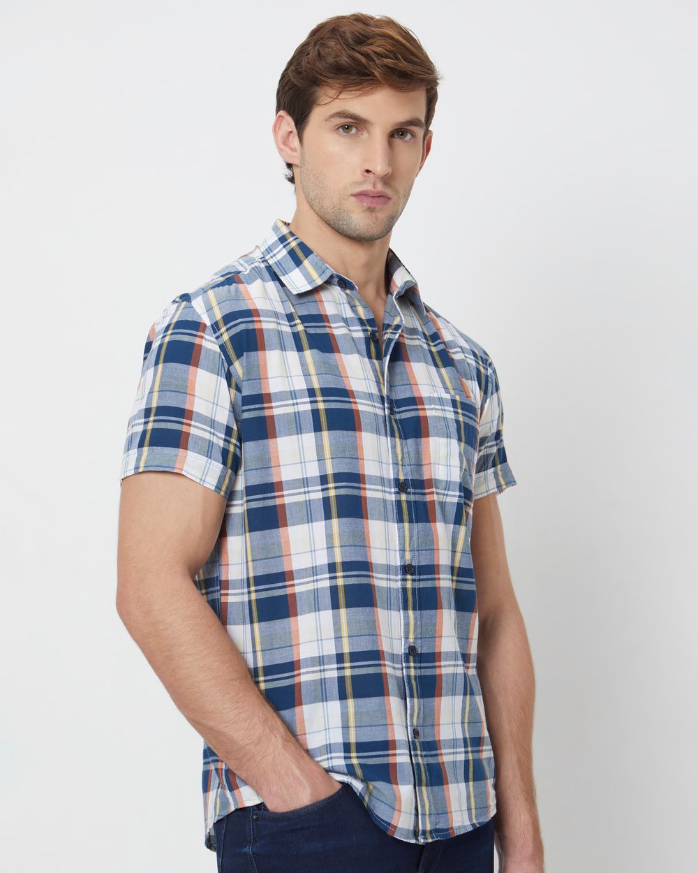 Navy Large Check Slim Fit Casual Shirt