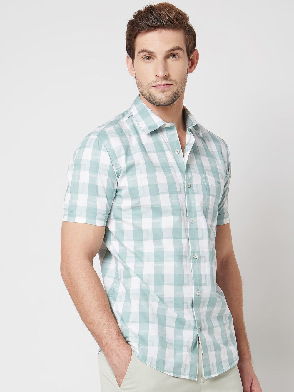 Light Olive Textured Check Slim Fit Casual Shirt