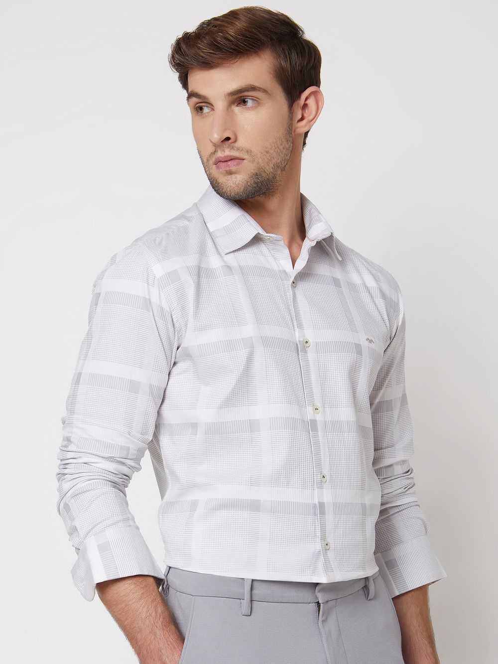 Light Grey Tonal Check Slim Fit Casual Shirt