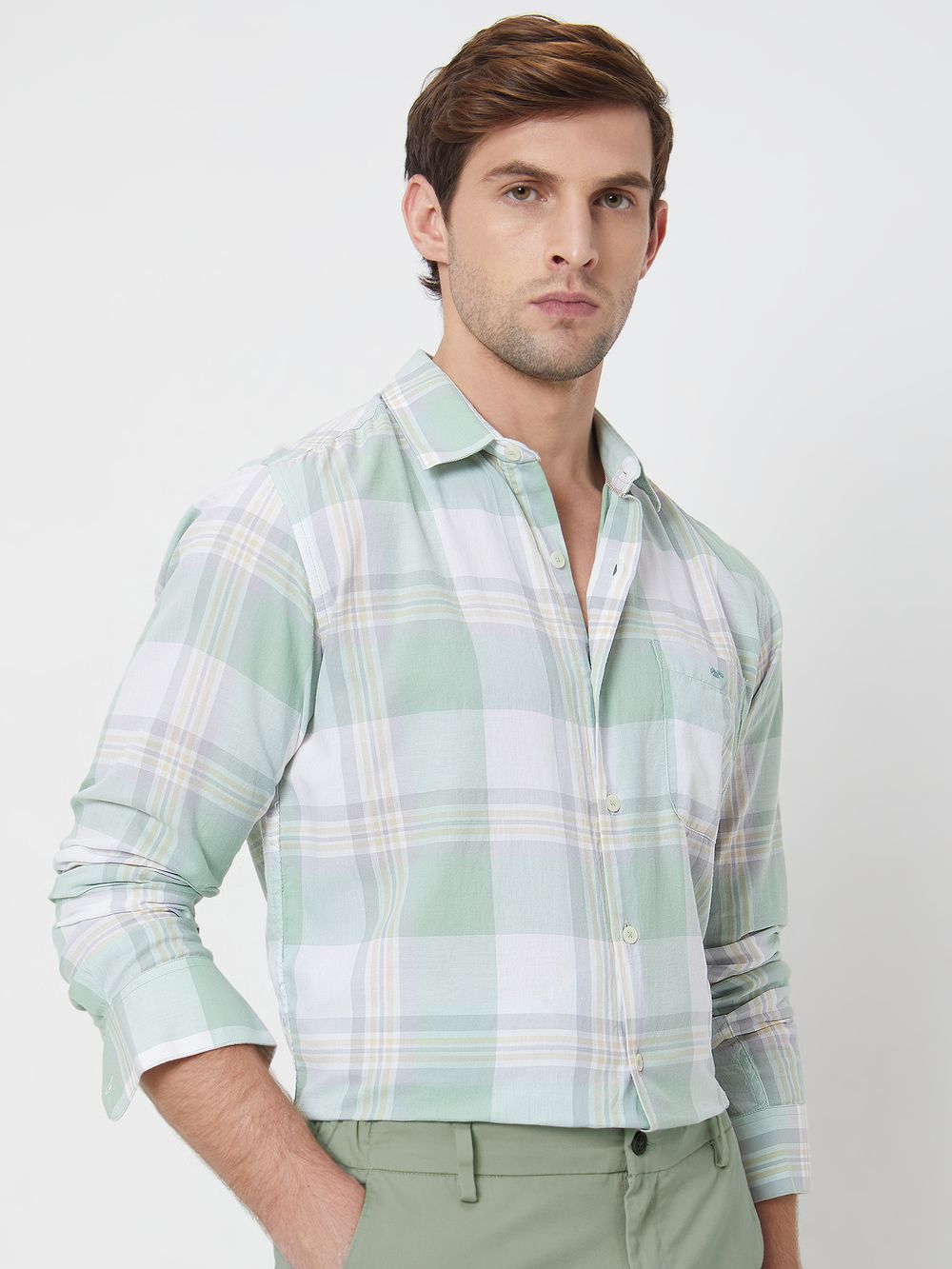 Light Green Large Check Slim Fit Casual Shirt