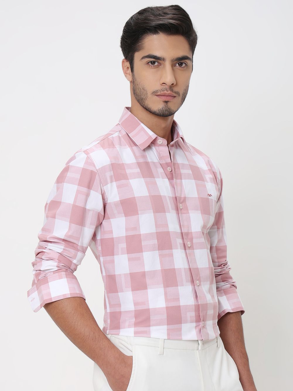 Pink Large Check Slim Fit Casual Shirt