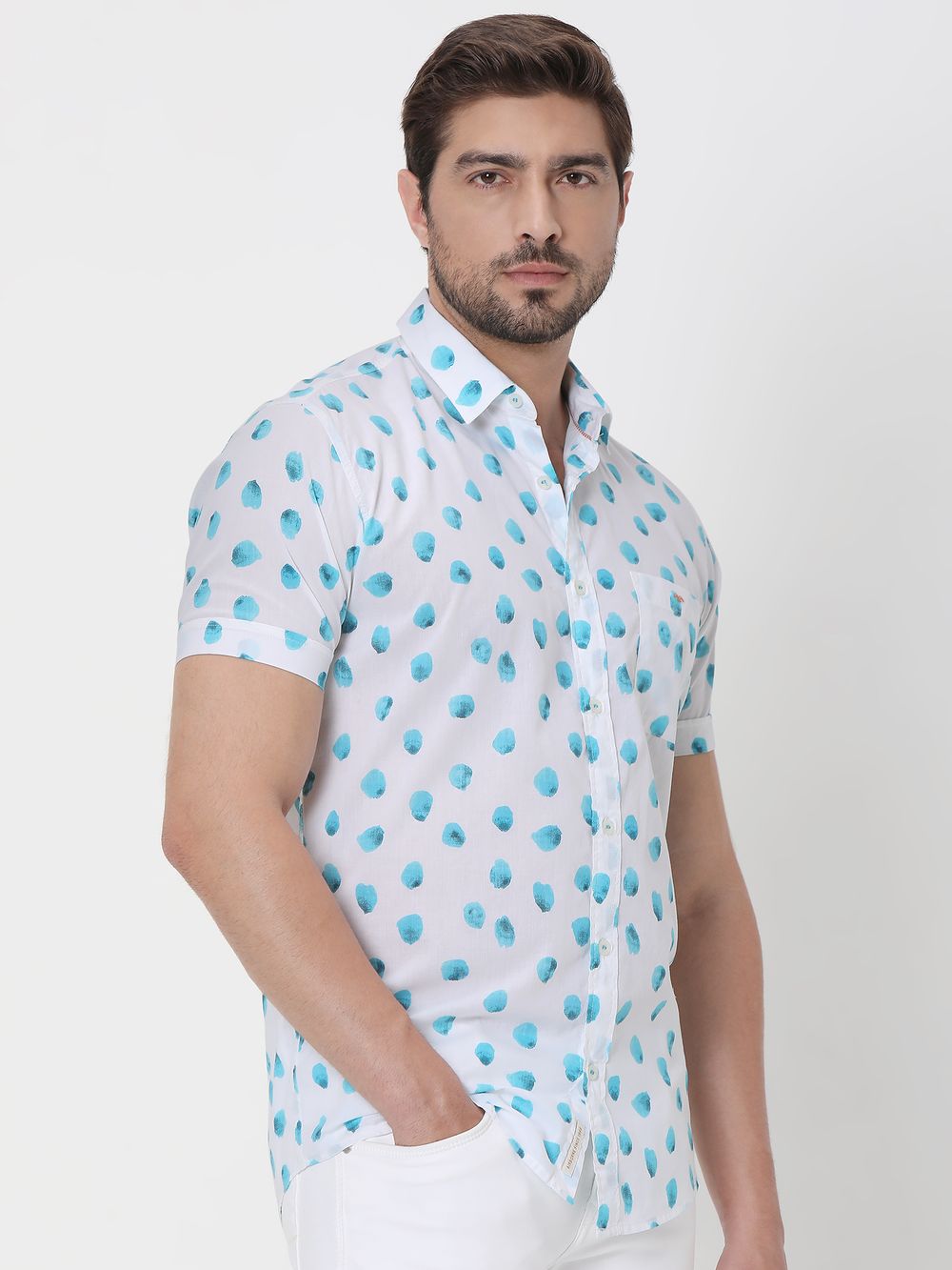 Turquoise Resort Print Slim Fit Casual Shirt