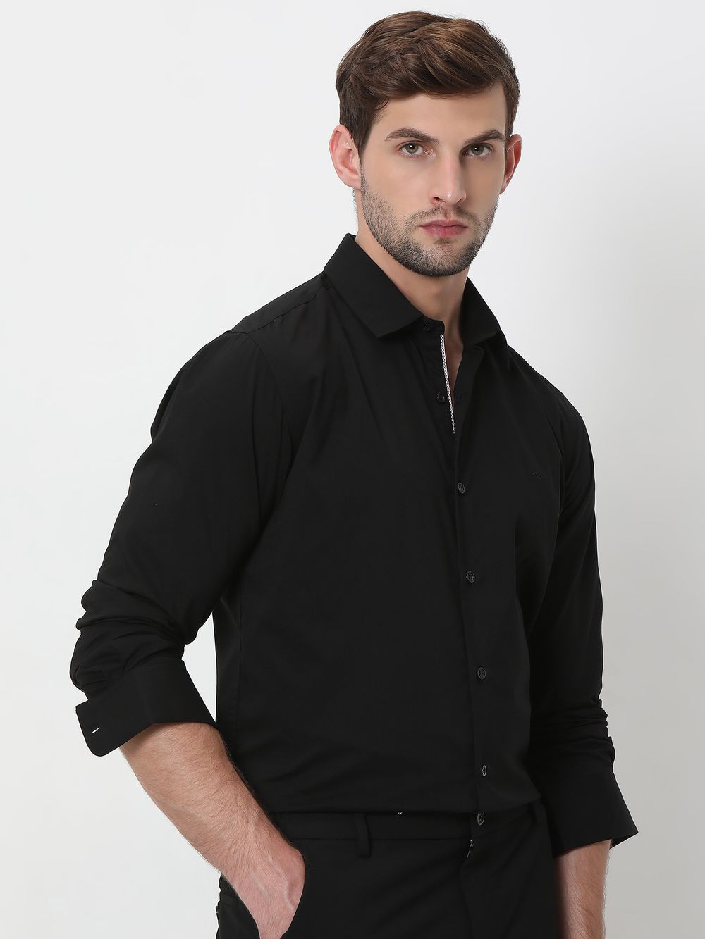 Black Stretch Plain Slim Fit Casual Shirt