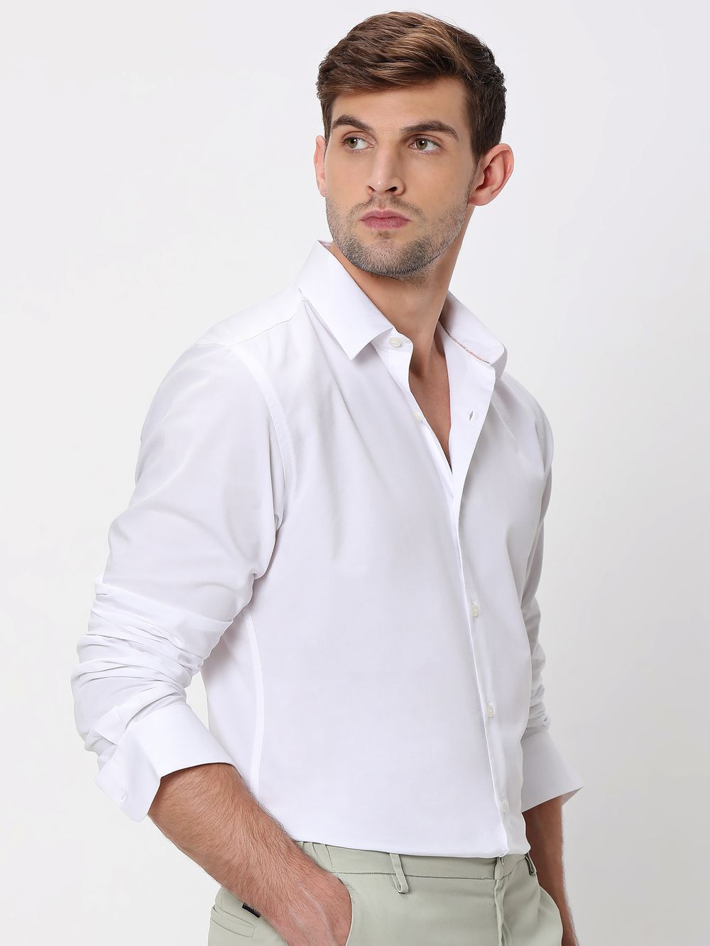 White Stretch Plain Slim Fit Casual Shirt