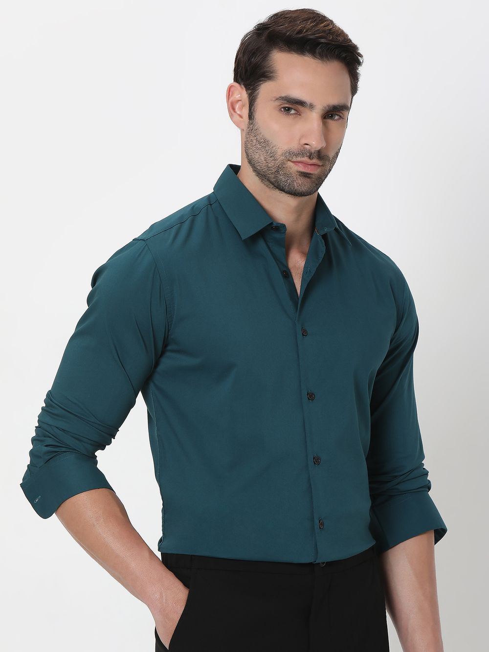 Green Stretch Plain Slim Fit Casual Shirt