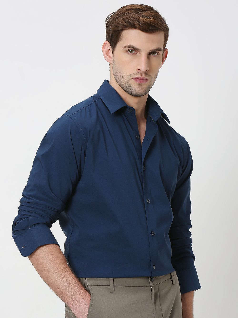 Navy Stretch Plain Slim Fit Casual Shirt