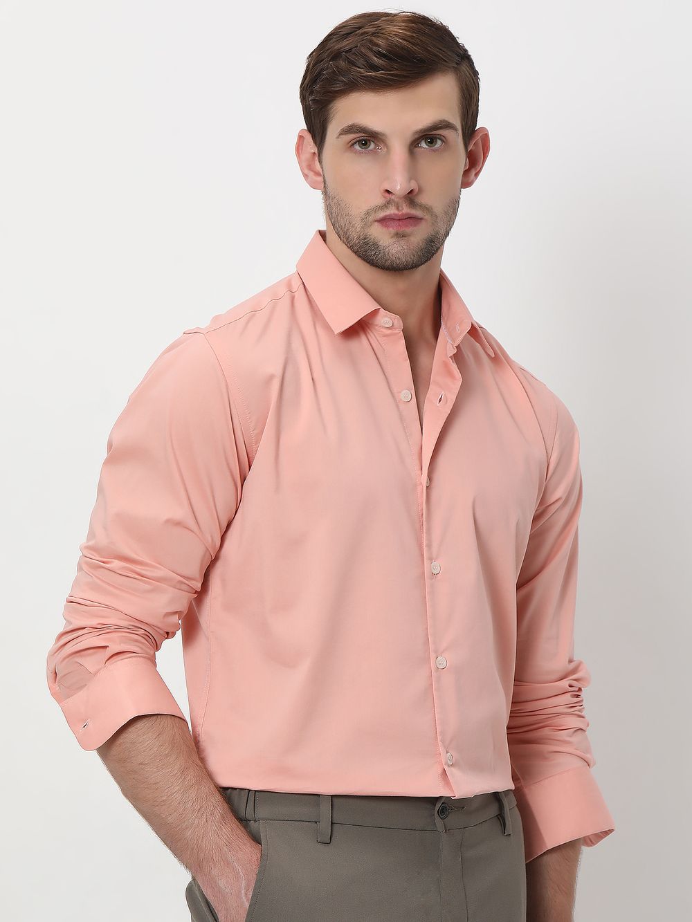 Pink Stretch Plain Slim Fit Casual Shirt