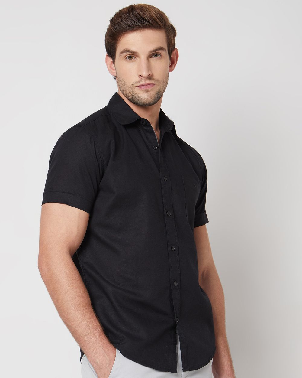 Black Cotton Linen Plain Slim Fit Casual Shirt