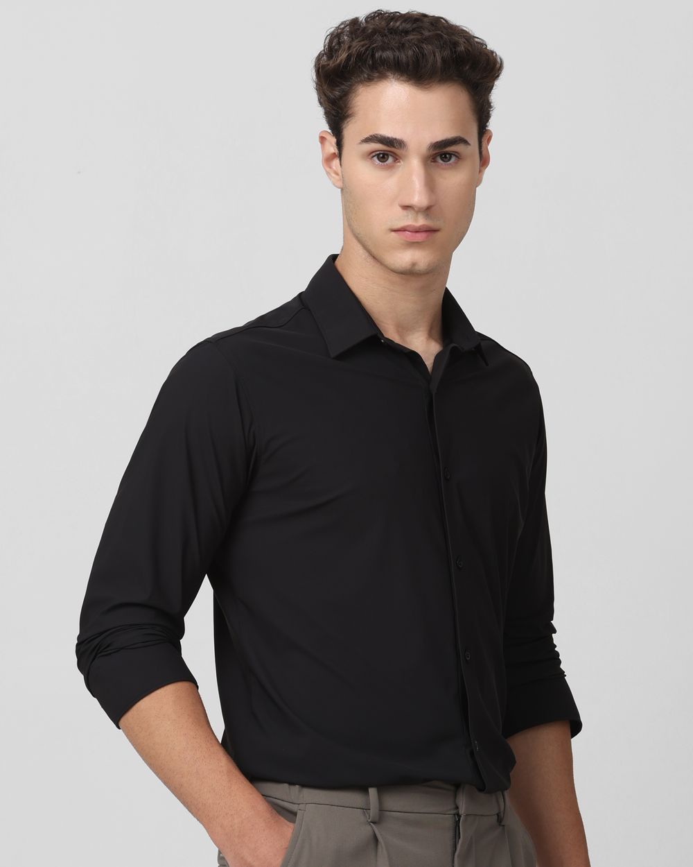 Black Stretch Plain Slim Fit Casual Shirt