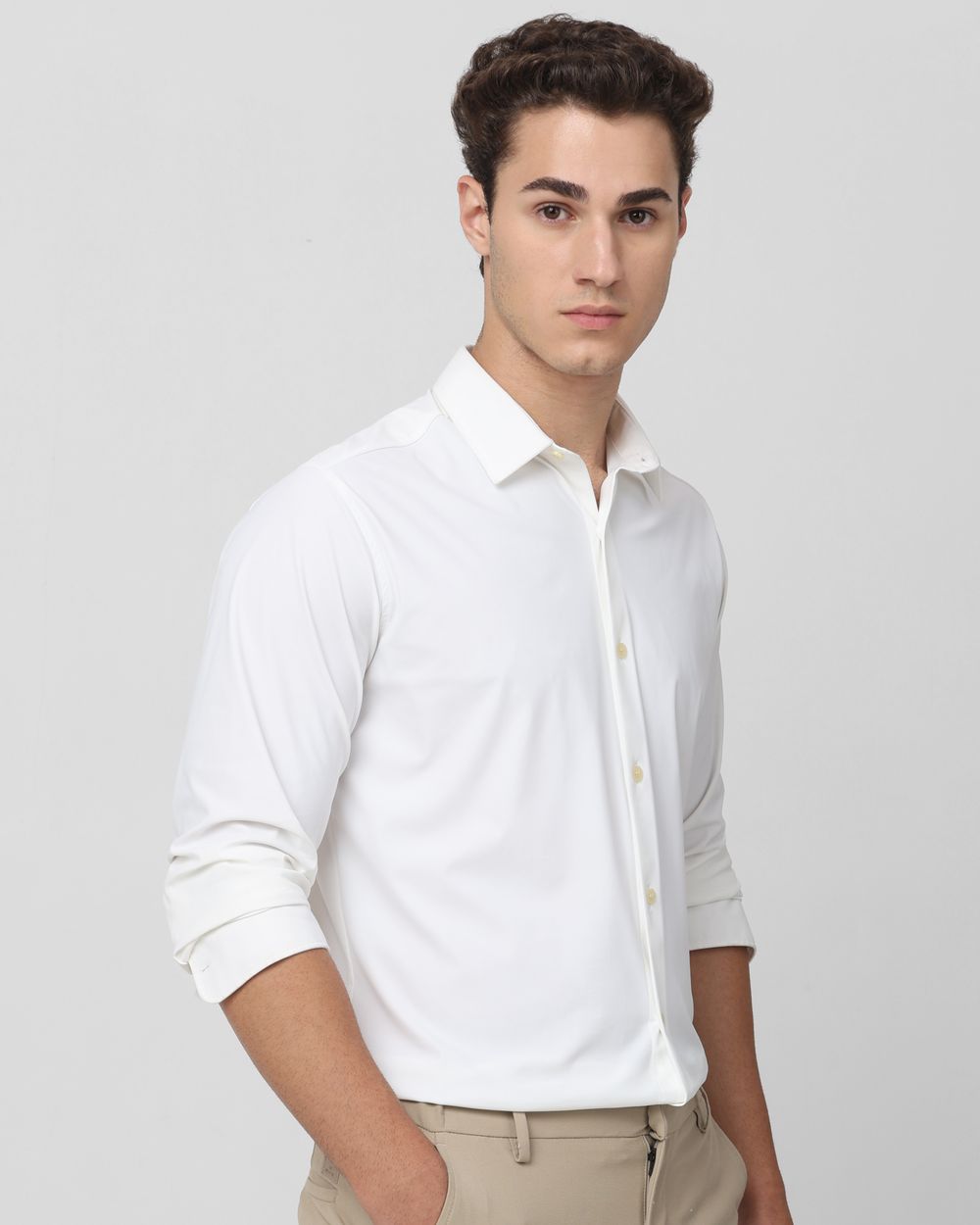 White Stretch Plain Slim Fit Casual Shirt