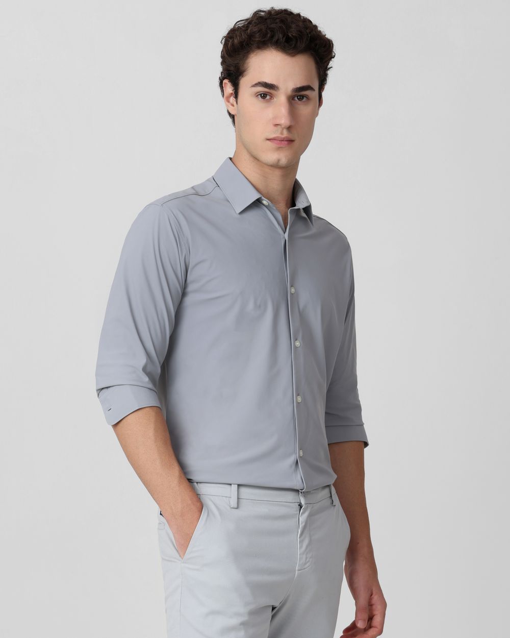Light Grey Stretch Plain Slim Fit Casual Shirt