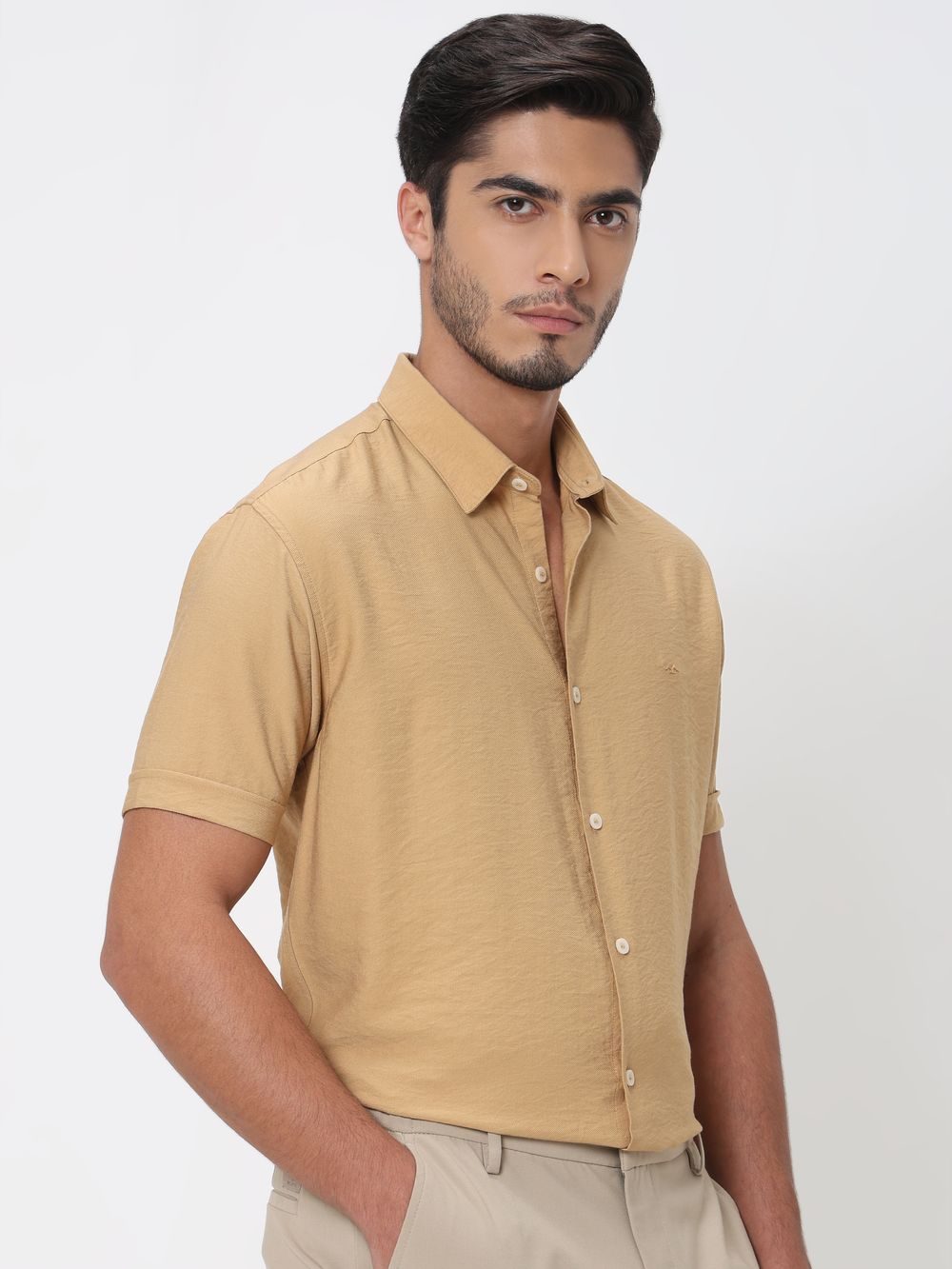 Light Khaki Textured Viscose Blend Plain Slim Fit Casual Shirt