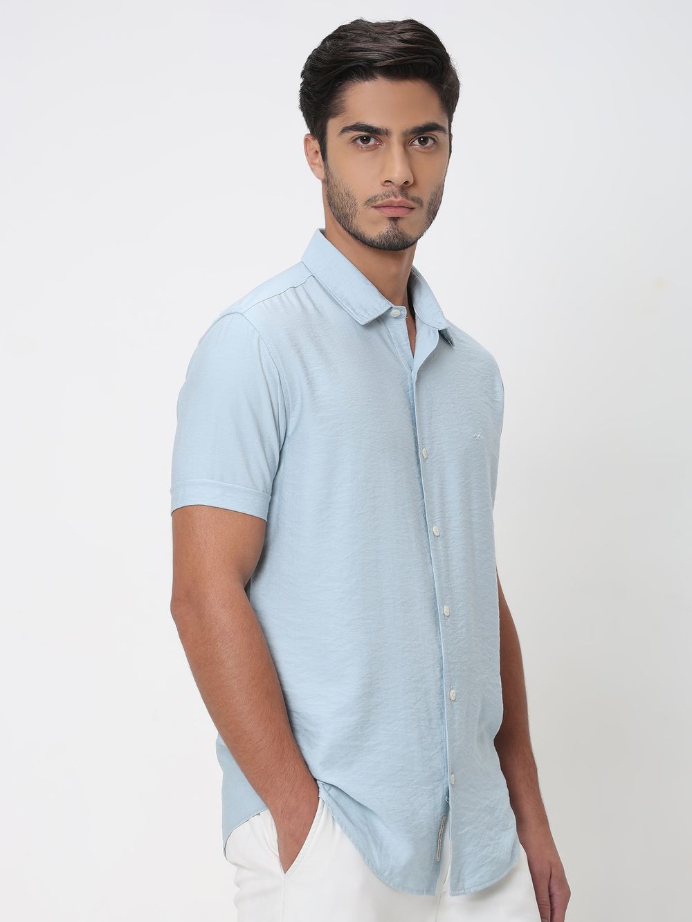 Light Blue Textured Viscose Blend Plain Slim Fit Casual Shirt
