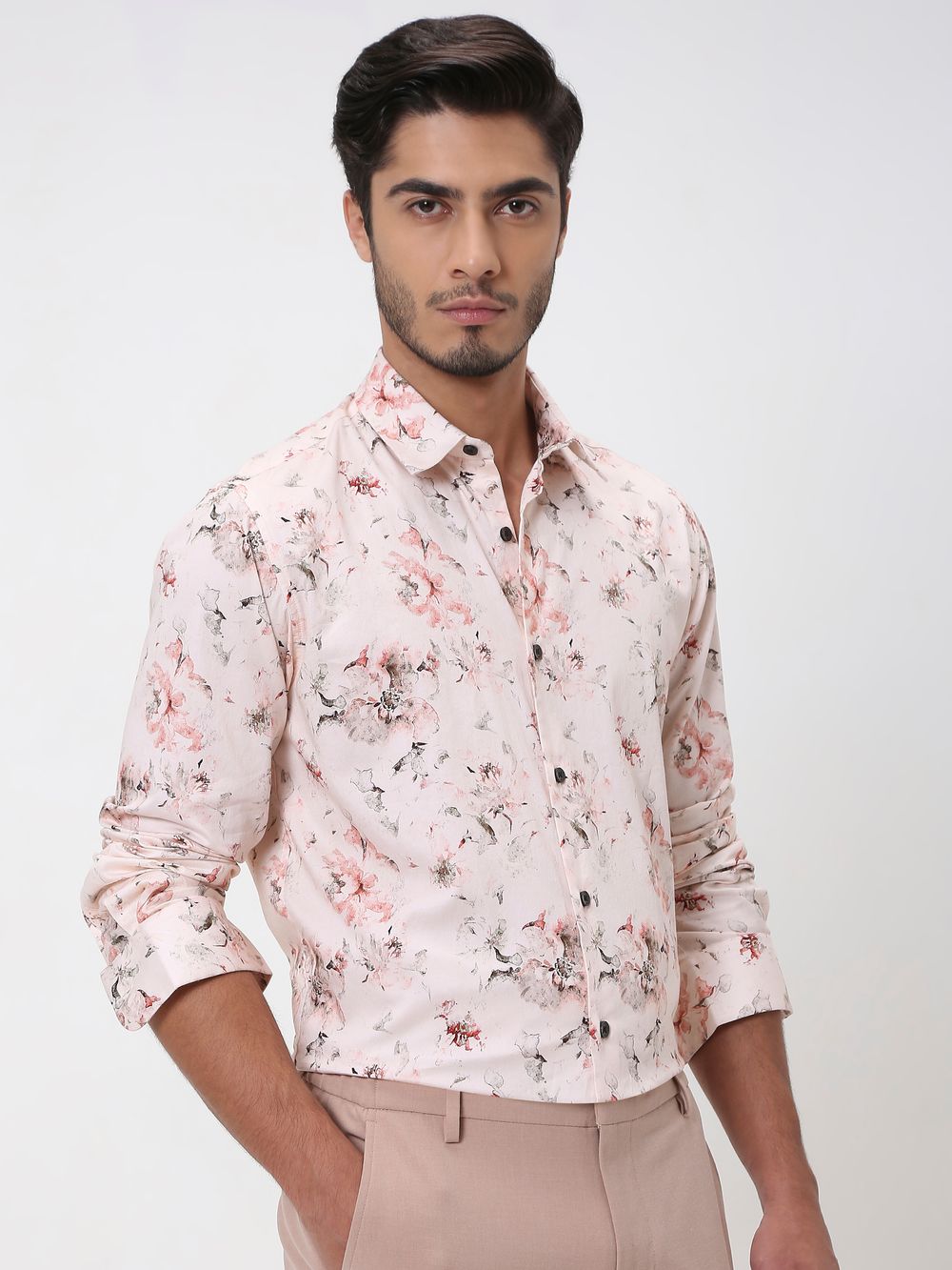 Pink Floral Print Slim Fit Casual Shirt