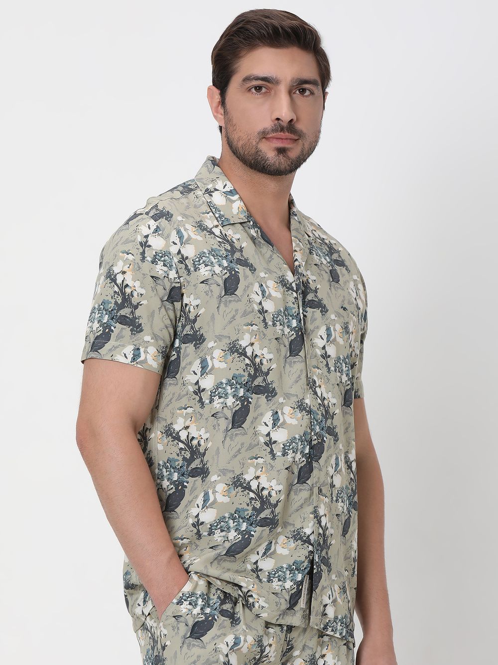 Olive Floral Print Slim Fit Casual Shirt